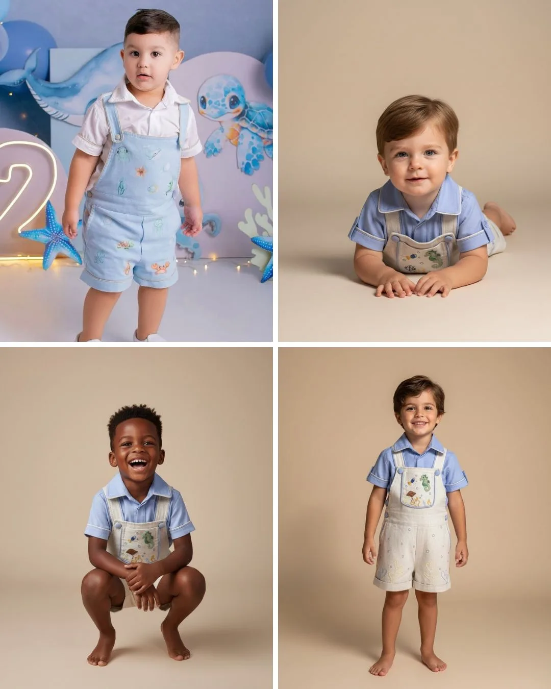 Quatro crianças vestindo a Jardineira Premium em situações diferentes: ensaio fotográfico profissional, aniversário de 1 ano, batizado e retrato familiar