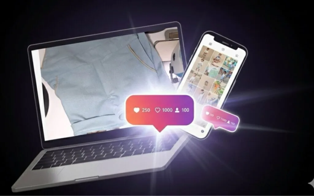 Mockup de notebook e celular mostrando feed de Instagram do ateliê com vendas acontecendo