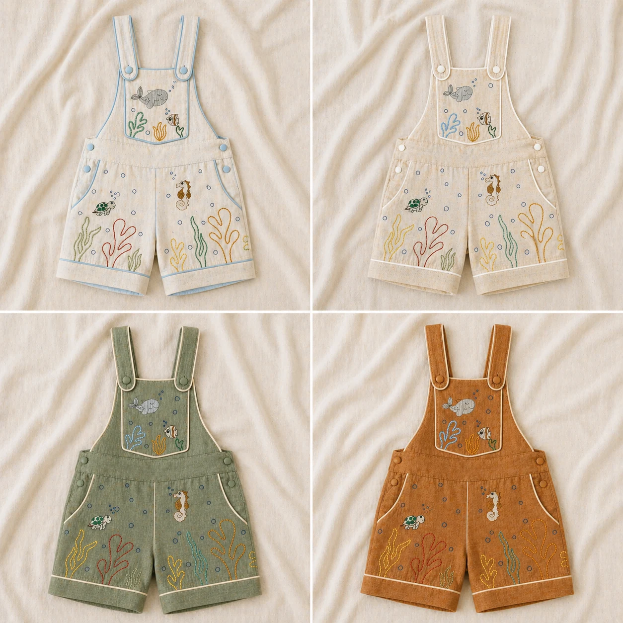 Grid 2x2 da mesma Jardineira Premium em 4 paletas de cor — Linho Cru Litoral cream-bege com vivo azul bebê · Areia Brisa beige sandy lavado com vivo branco · Sálvia Selva verde sálvia profundo com vivo cremoso · Caramelo Outono caramelo terroso com vivo creme — todas com a mesma camisa social azul claro por baixo, os mesmos dois bolsos frontais e o mesmo bordado Fundo do Mar tonal multicolor no bib