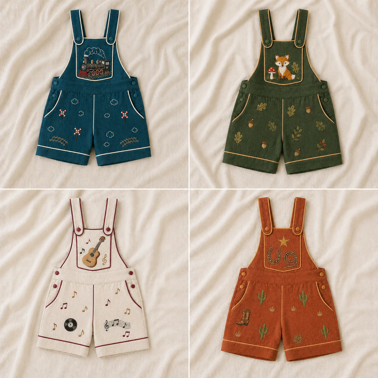 Grid 2x2 da mesma Jardineira Premium em 4 temas diferentes — Trem Locomotiva azul-petróleo com locomotiva e trilho no bib · Floresta Encantada verde-musgo com raposinha e cogumelo · Música Vintage creme-aveia com violão e notas musicais · Cowboy Mineiro terracota com ferradura e laço — todos com camisa social branca e estrutura idêntica de suspensório inclinado, bib, dois bolsos laterais e acabamento embutido lateral