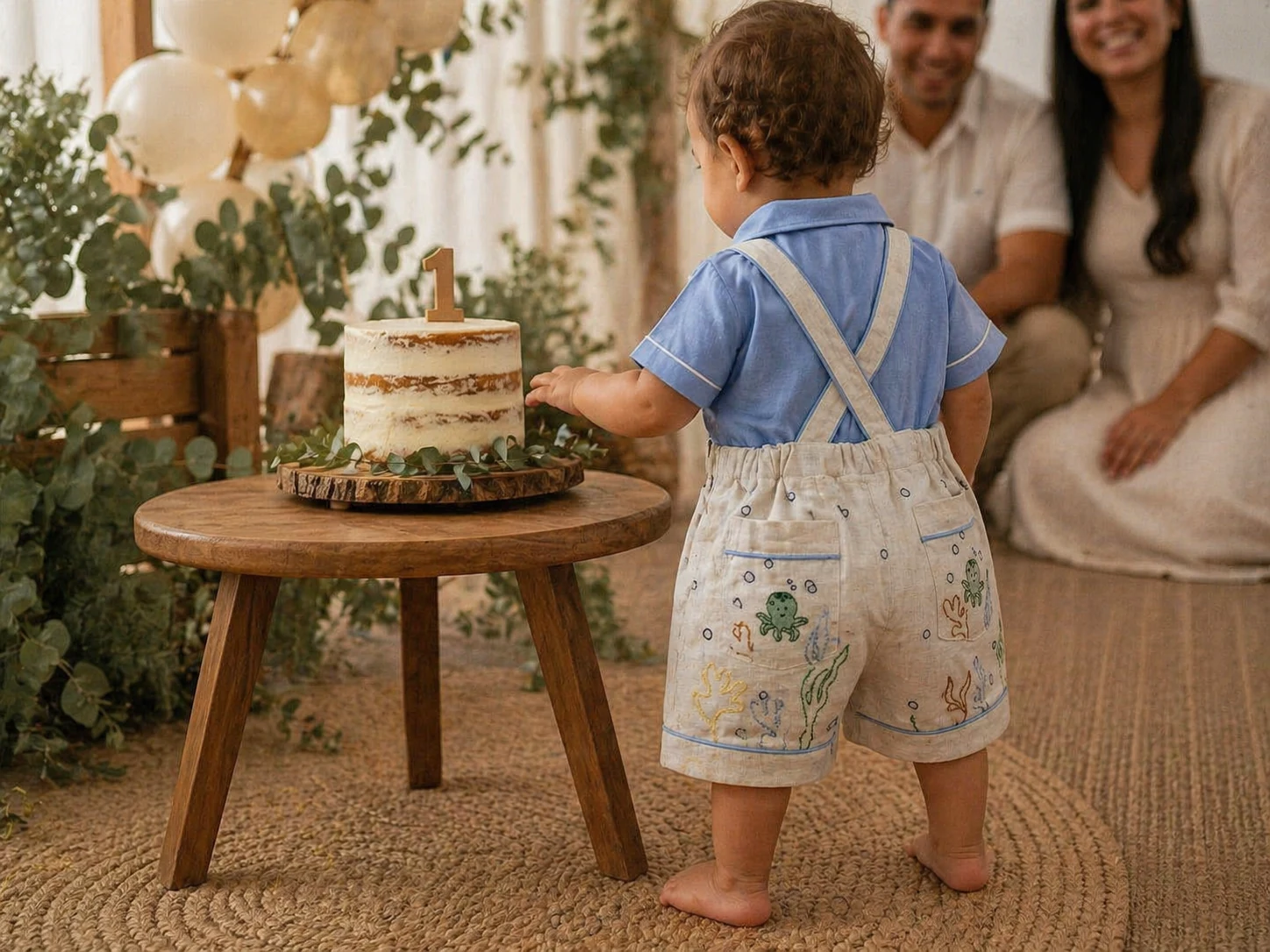 Aniversário 1 ano · Jardineira Premium em tema infantil escolhido pela mãe · cena com bolo cerimonial