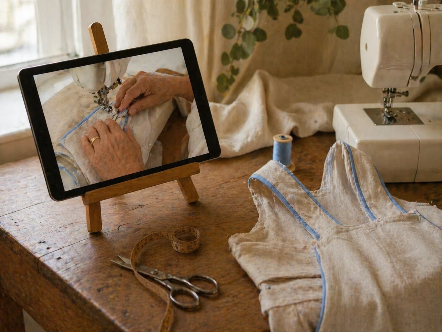 Tela do curso aberta na bancada · Gi mostrando confecção da jardineira