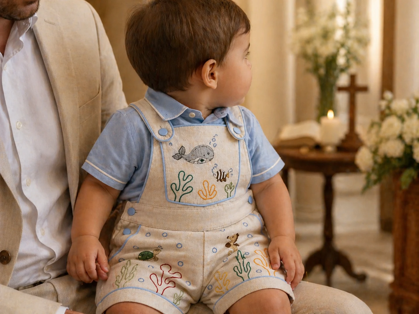 Batizado · Jardineira Premium com Camisa Social separada sobre Body Camisa · tema cerimonial masculino