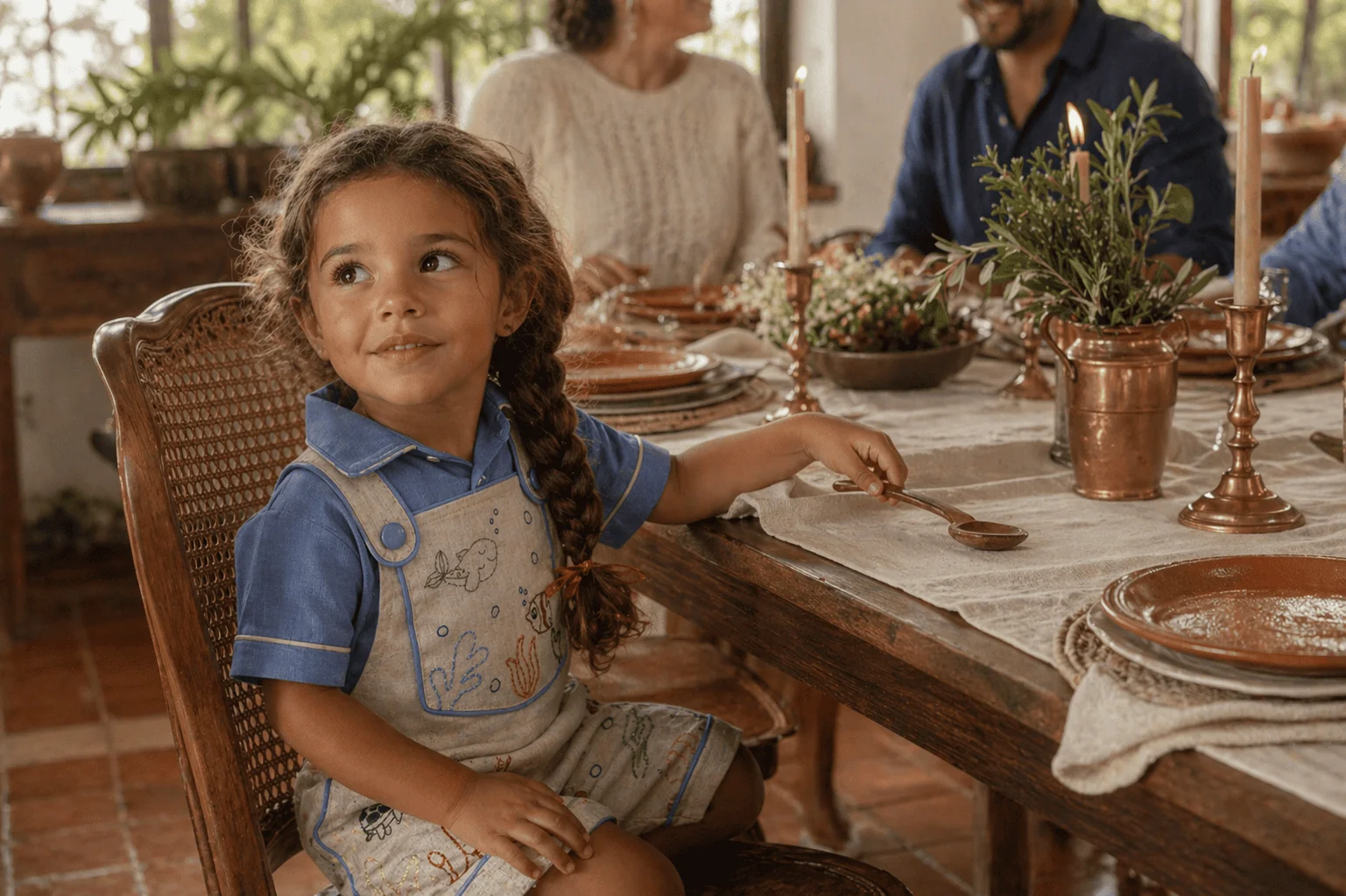 Cena de almoço de família em casa rural sofisticada — criança pequena vestindo Jardineira Premium à mesa com familiares, iluminação dourada natural, ambiente de domingo em família · cena íntima de ocasião calma