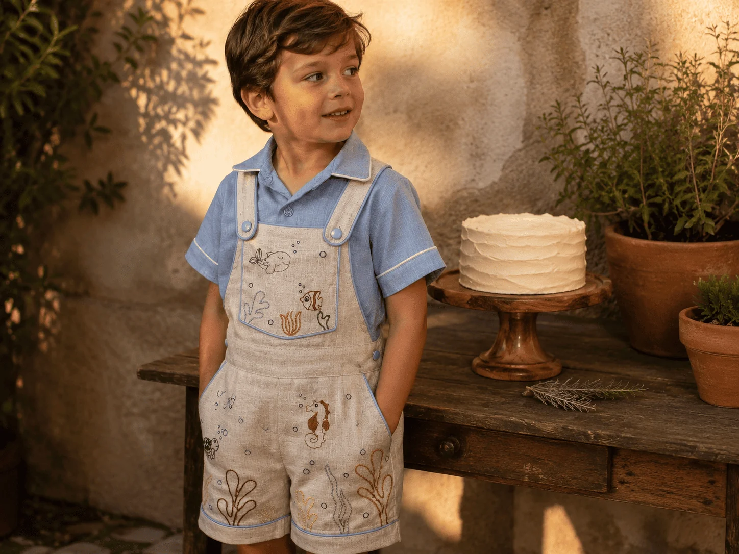 Aniversário em jardim · criança vestindo Jardineira Premium em tema festa de família · cena com bolo cerimonial · golden hour