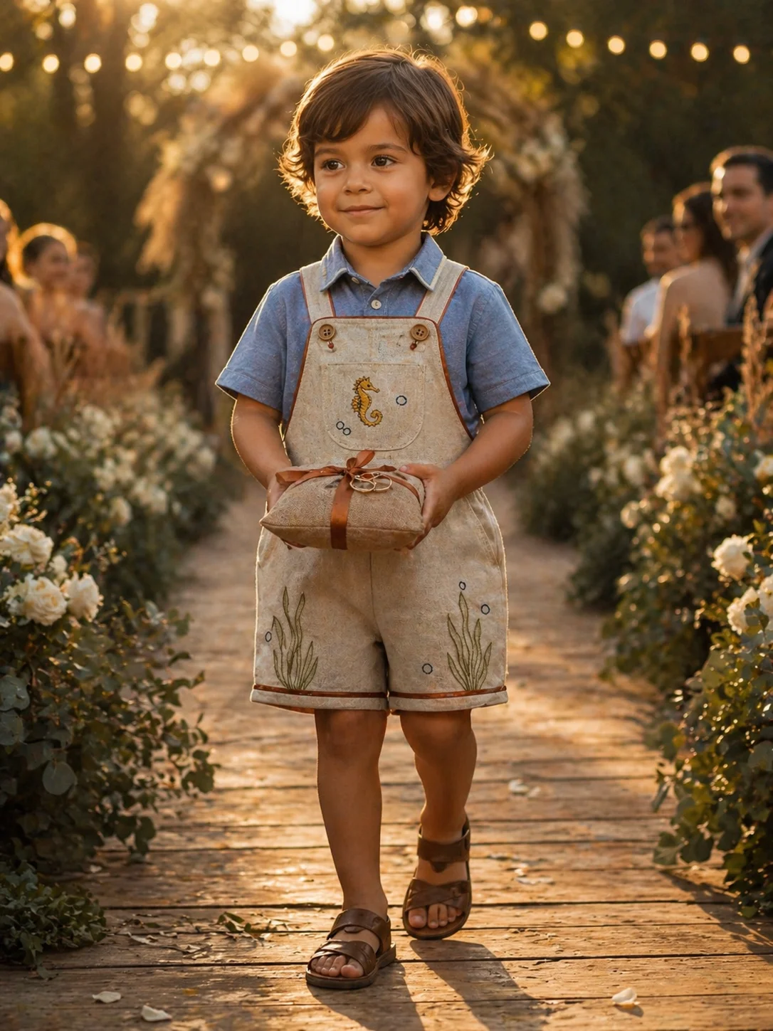 Criança brasileira de aproximadamente 3 anos caminhando como pajem em corredor de casamento ao ar livre — vestindo Jardineira Premium com camisa azul chambray e bordado de cavalo-marinho, segurando travesseiro kraft com fita caramelo amarrada · iluminação golden hour, flores brancas e secas no caminho, convidados em bokeh · cena cinematográfica Kinfolk