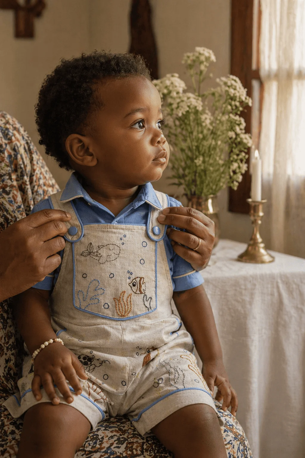 Bebê brasileiro sentado em colo de mãe no interior de casa sofisticada com velas, vaso dourado com flores silvestres e mesa rústica ao fundo — vestindo a Jardineira Premium com camisa azul claro · cena de domingo em família, ambiente de ocasião íntima
