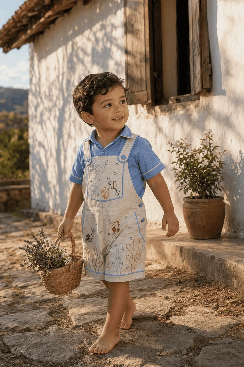 Menino de aproximadamente 2 anos caminhando descalço em calçada de casa rural vestindo a Jardineira Premium em linho cru com camisa azul claro e cestinha de flores na mão — luz dourada de fim de tarde, paisagem de fazenda/serra · cena de ensaio fotográfico premium