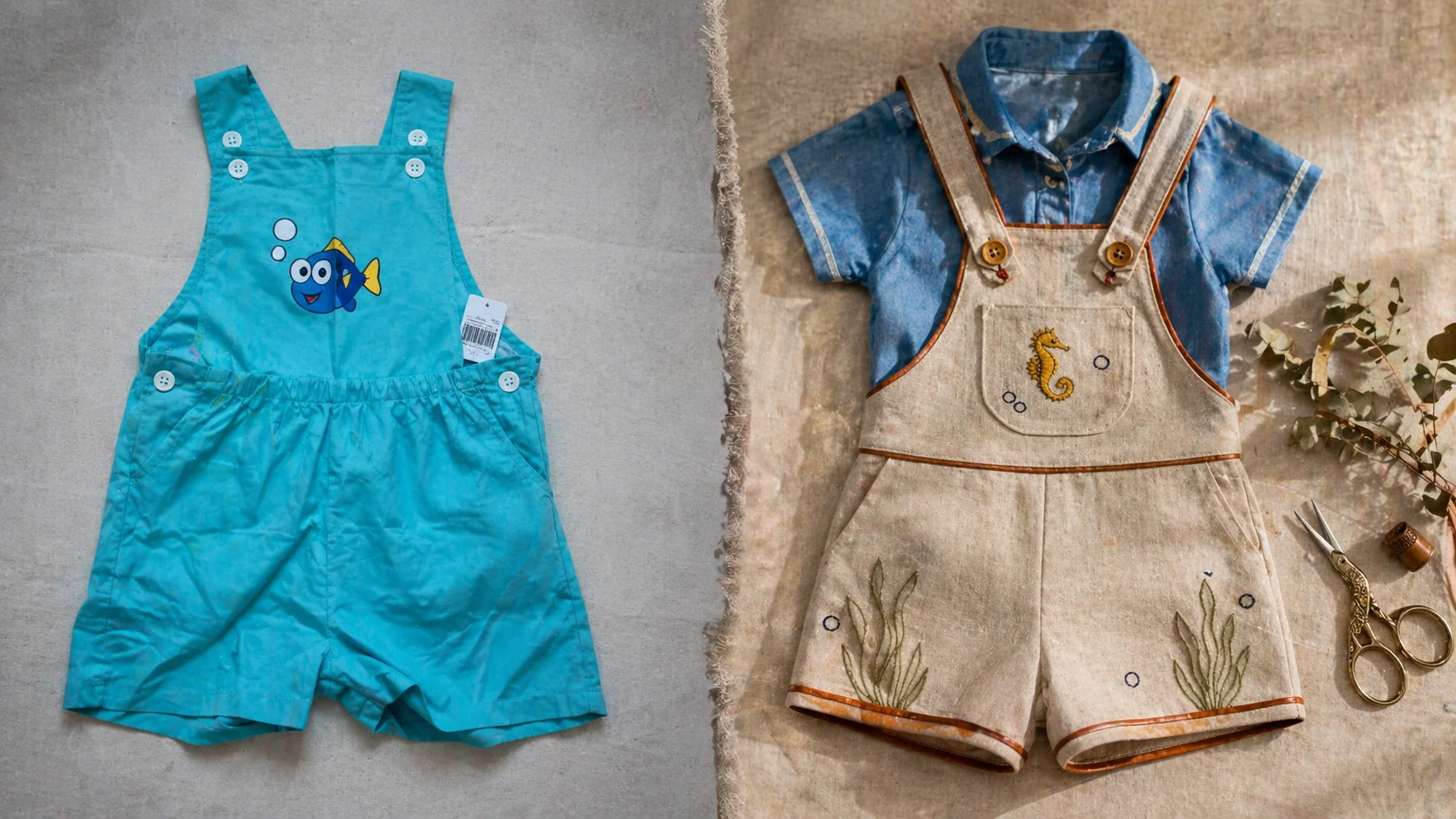 Comparativo lado a lado em superfície de linho cru — esquerda: macacão fast-fashion turquesa em poliéster com etiqueta de preço Shein, peixe estampado, costura crua, iluminação fria; direita: Jardineira Premium em linho areia com camisa azul chambray, bordado de cavalo-marinho dourado e algas verde-oliva, viés caramelo nas bainhas, props Kinfolk (eucalipto seco, tesoura bronze) · luz natural quente · contraste industrial vs artesanal