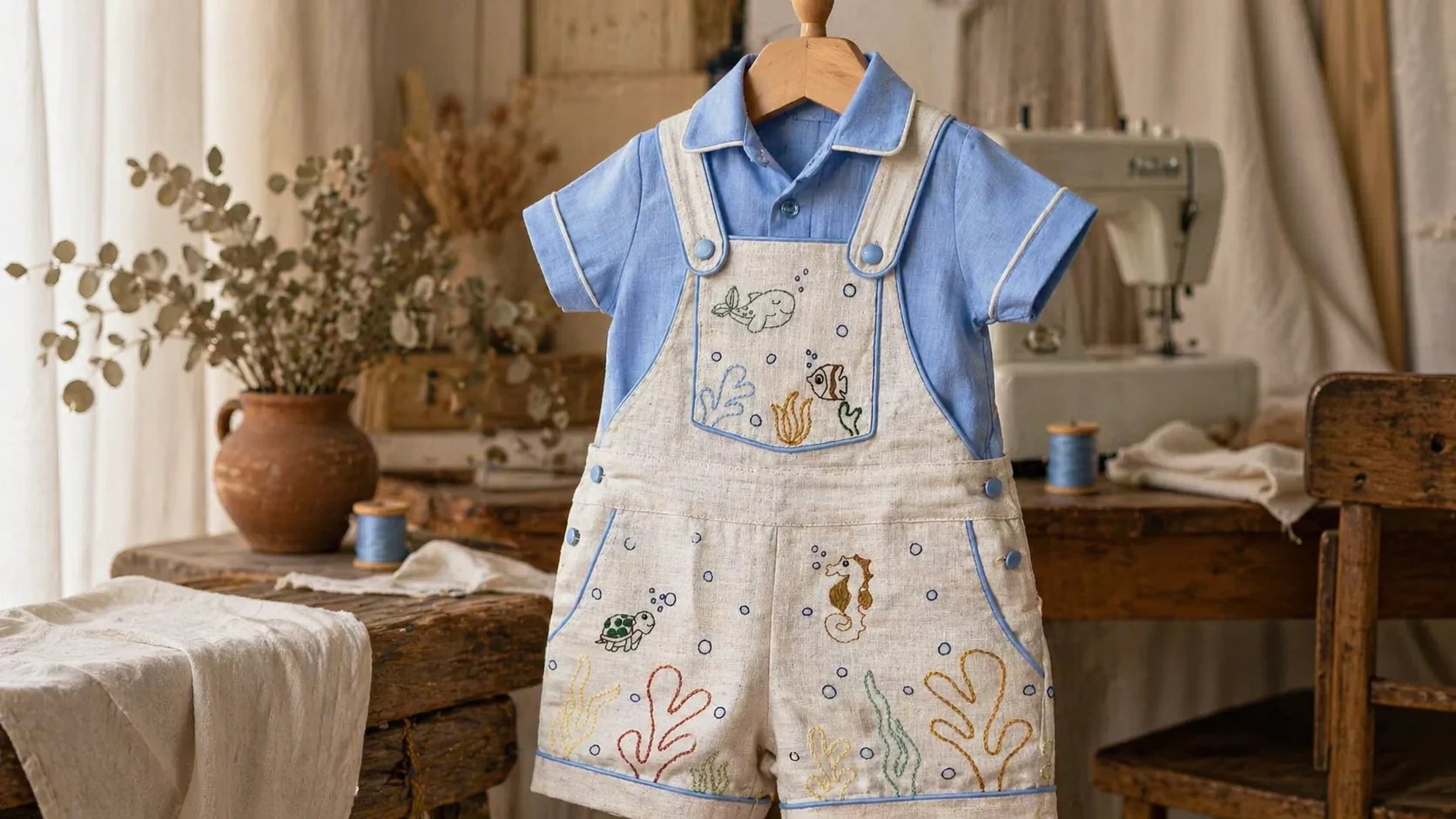 Conjunto Jardineira Premium vista frontal · linho cáqui terroso com vivo branco · suspensório inclinado com presilha no ombro · dois bolsos laterais · baguilha faz-de-conta de zíper · sobre Camisa Social branca off-white com gola e colarinho · acabamento de bancada