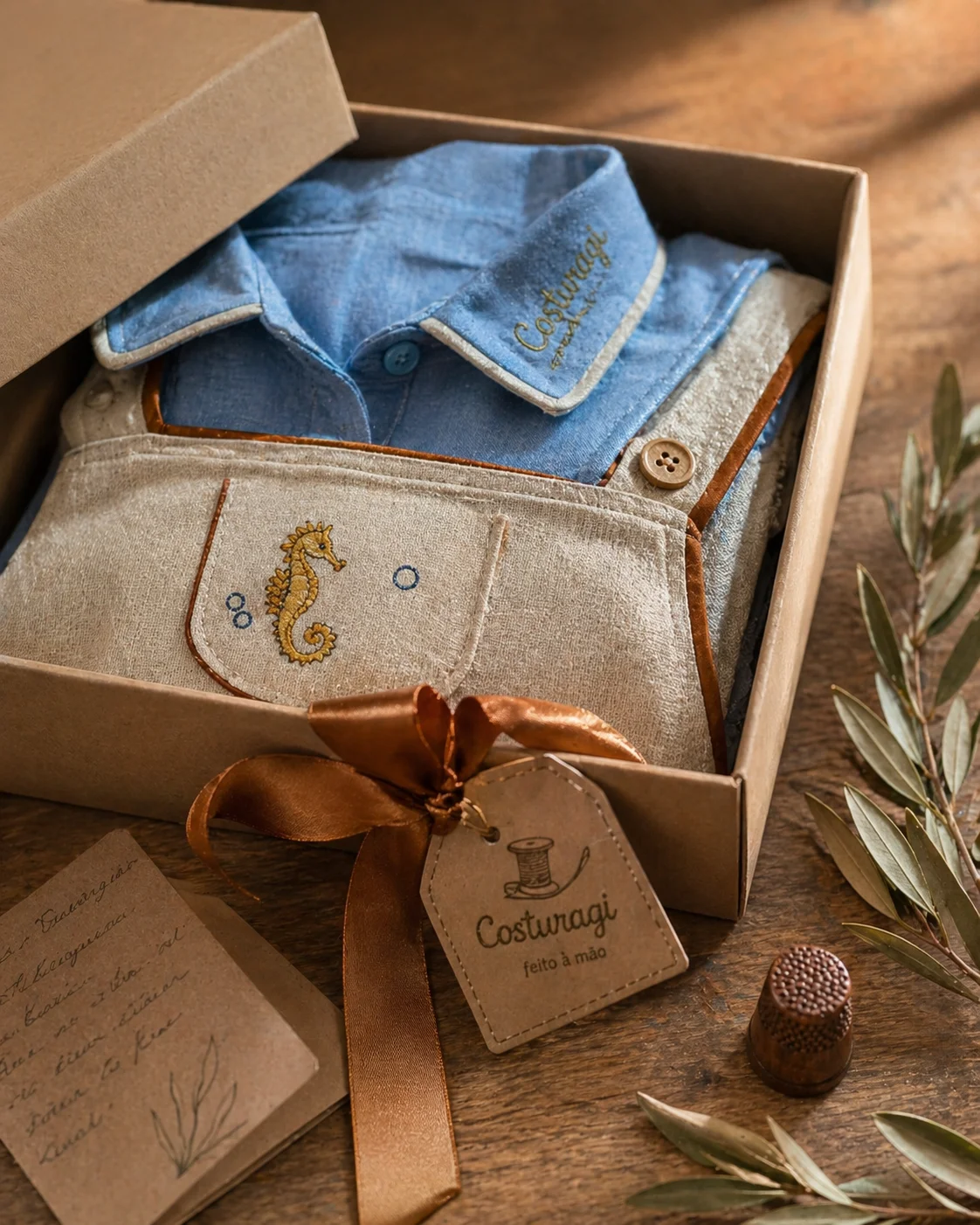 Embalagem cerimonial da Jardineira Premium em caixa kraft com tampa entreaberta — camisa azul chambray dobrada por cima, jardineira em linho areia com bordado de cavalo-marinho dourado peeking, fita caramelo amarrada com bow desfeito, tag kraft 'Costuragi · feito à mão', cartão de cuidados manuscrito ao lado, eucalipto seco e dedal bronze · luz natural quente upper-right Kinfolk Portra 400