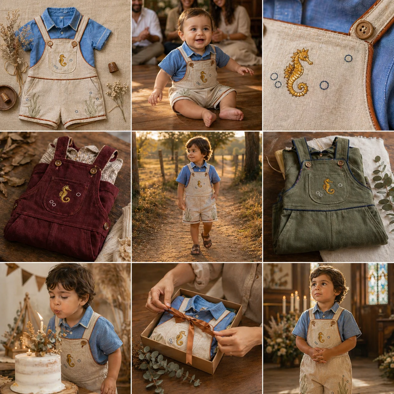 Grid 3×3 de variações da Jardineira Premium feitas por alunas Costuragi — flat-lay frontal, bebê em casa, macro do bordado de cavalo-marinho, variante veludo bordô (outono), criança em ensaio campestre, variante sarja verde-oliva, festa de 1 ano com decoração natural, embalagem com fita caramelo, cena de batizado · paleta consistente sand+sky-blue+caramel+mustard+sage Kinfolk editorial