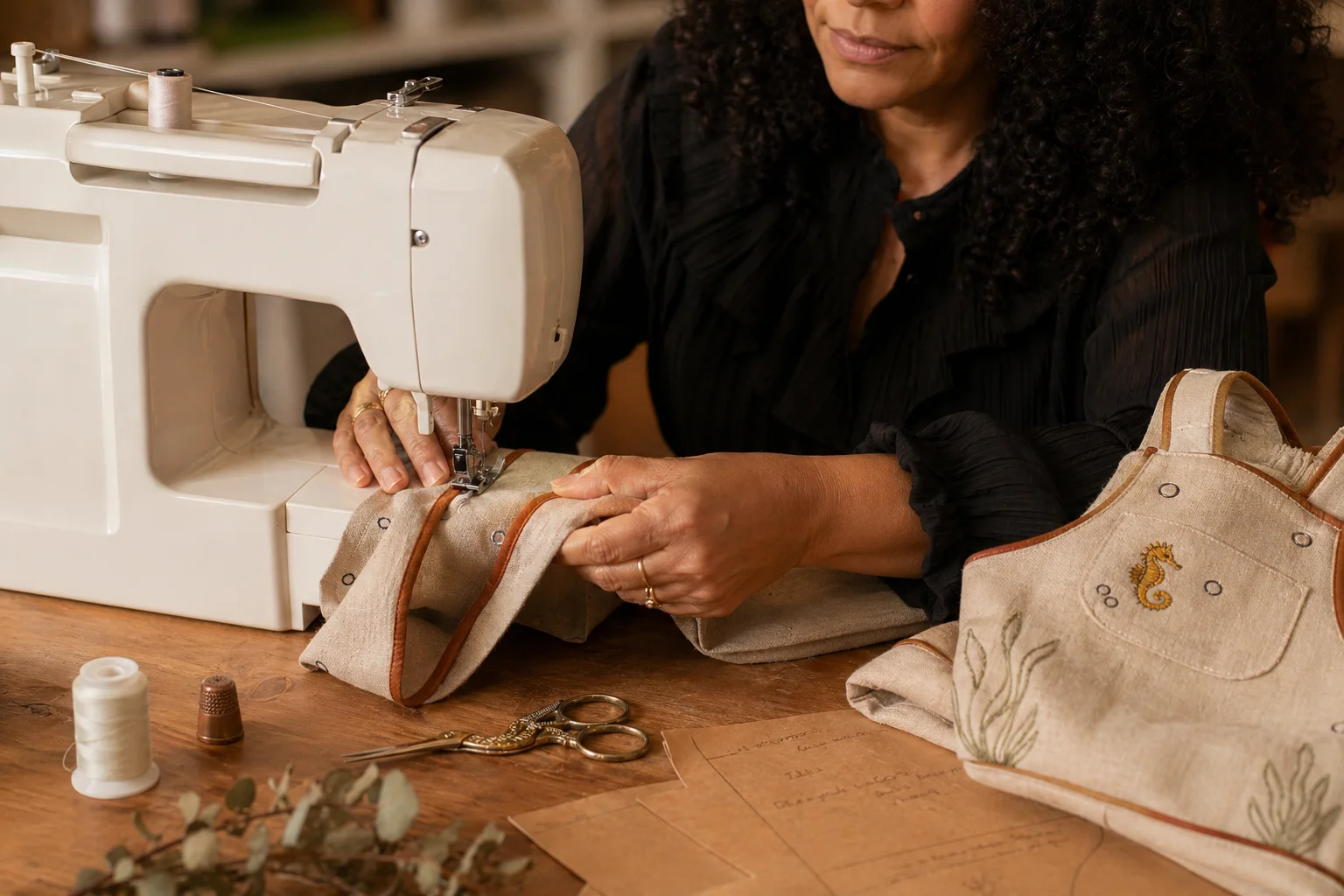 Gislene Maria costurando o viés caramelo na bainha do short da Jardineira Premium em sua máquina industrial — Jardineira finalizada com bordado de cavalo-marinho dourado ao lado da máquina, props de ateliê (carretel cream, dedal bronze, tesoura de alfaiate, pattern paper, eucalipto seco) · luz natural lateral, expressão concentrada serena · documental Kinfolk Portra 400