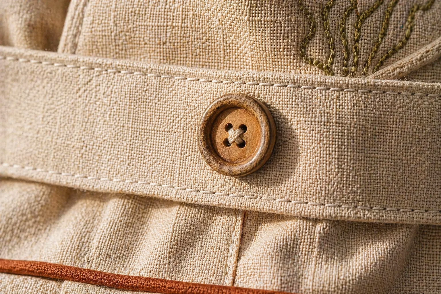 Macro do cós estruturado da Jardineira Premium em linho cor areia — botão de madeira centralizado no peitilho, viés caramelo-terracota fino na bainha do short, hint de bordado de alga verde-oliva no topo · luz dourada lateral Kinfolk Portra 400