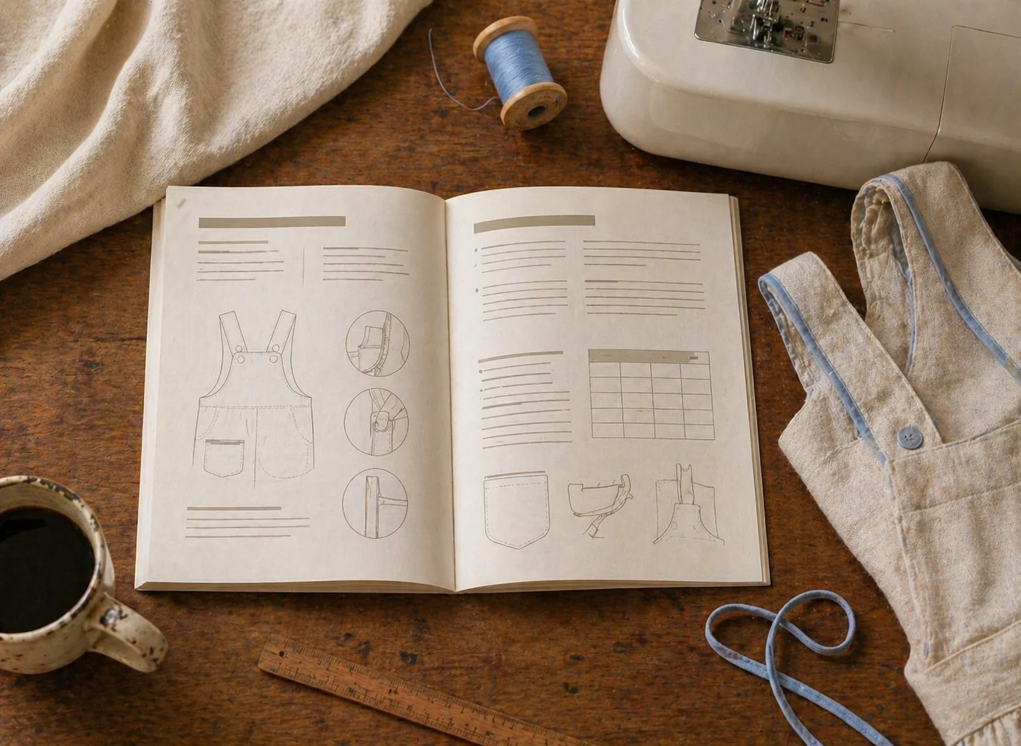 Manual de bancada A5 aberto ao lado da máquina de costura · Jardineira Premium