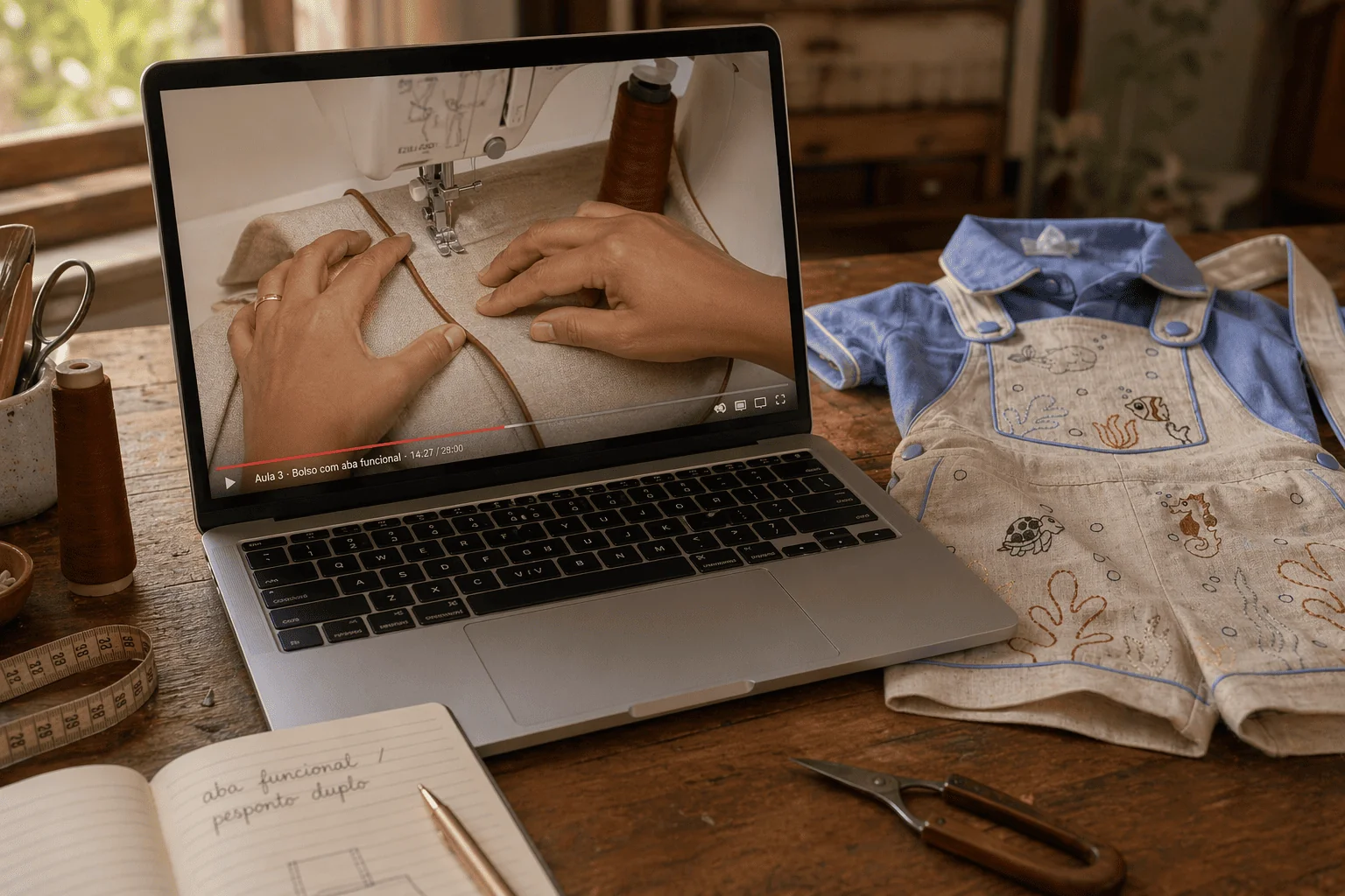 MacBook em bancada de ateliê mostrando aula da Jardineira Premium com a Gi costurando o bolso com aba funcional — caderno aberto com anotações manuais 'aba funcional + pesponto duplo', fita métrica, carretéis cobre, tesoura, Jardineira Premium dobrada ao lado