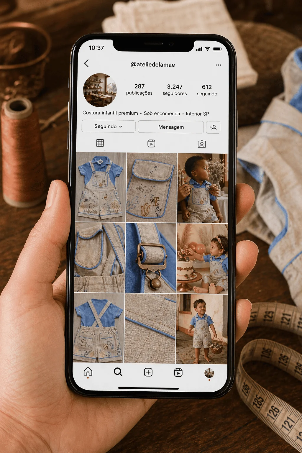 Mão segurando celular mostrando feed do Instagram de uma aluna do Costuragi (@ateliedelamae · 287 publicações, 3.247 seguidores) com grid de 9 fotos da Jardineira Premium em variações · bio 'Costura infantil premium · Sob encomenda · Interior SP' · fundo de ateliê com carretéis de cobre e fita métrica