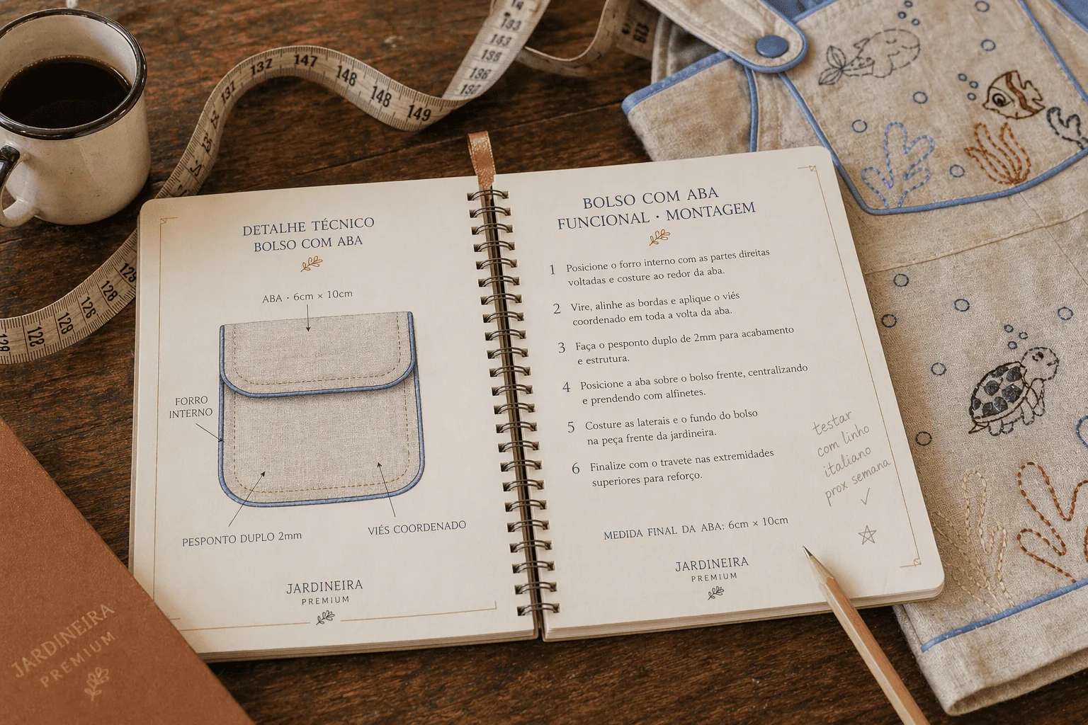 Manual de Bancada da Jardineira Premium aberto em páginas duplas sobre bancada de madeira — esquerda mostra 'Detalhe Técnico Bolso com Aba' com ilustração em perspectiva e medidas (aba 4cm x 10cm, vivo coordenado 2mm, forro interno), direita mostra 'Bolso com Aba Funcional · Montagem' com 6 passos numerados — xícara de café, fita métrica e a peça Premium ao lado