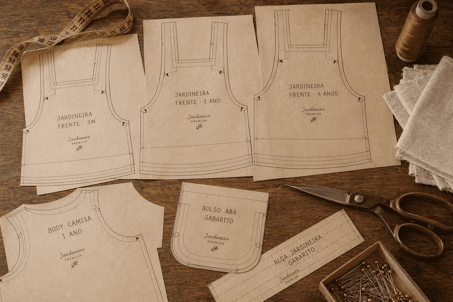 Moldes da Jardineira Premium impressos em papel kraft marfim sobre bancada de madeira escura — 5 moldes identificáveis: Jardineira Frente 3M, Jardineira Frente 1A, Jardineira Frente 4A, Body Camisa 1A, Bolso Aba Gabarito, Alça Jardineira Gabarito — fita métrica, carretéis cobre, tesoura de alfaiate