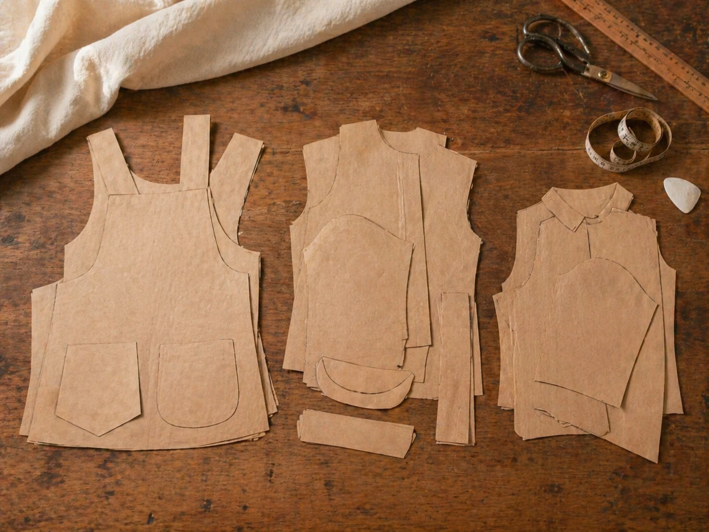Três moldes graduados em papel kraft · Jardineira Premium · Camisa Social · Body Camisa