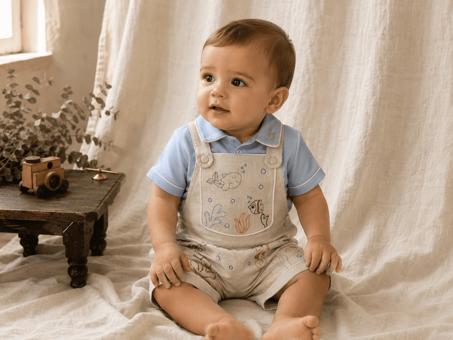 Paleta 1 · Camisa azul céu cetim + Jardineira linho cáqui claro com bordado fundo do mar — para o aniversário 1 ano e o ensaio do mar