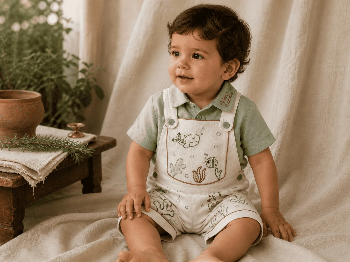 Paleta 2 · Camisa sage botânica + Jardineira linho cru com vivo cobre — para o ensaio fotográfico de jardim