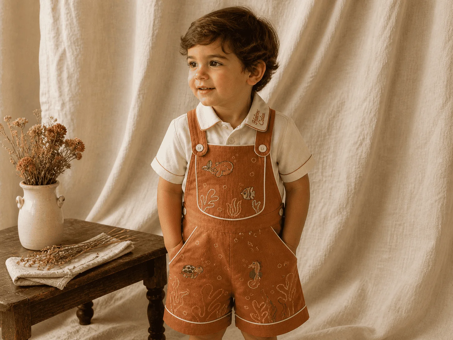 Paleta 3 · Camisa marfim cetim + Jardineira terracota linho com vivo cremoso — para o aniversário fazendinha countryside
