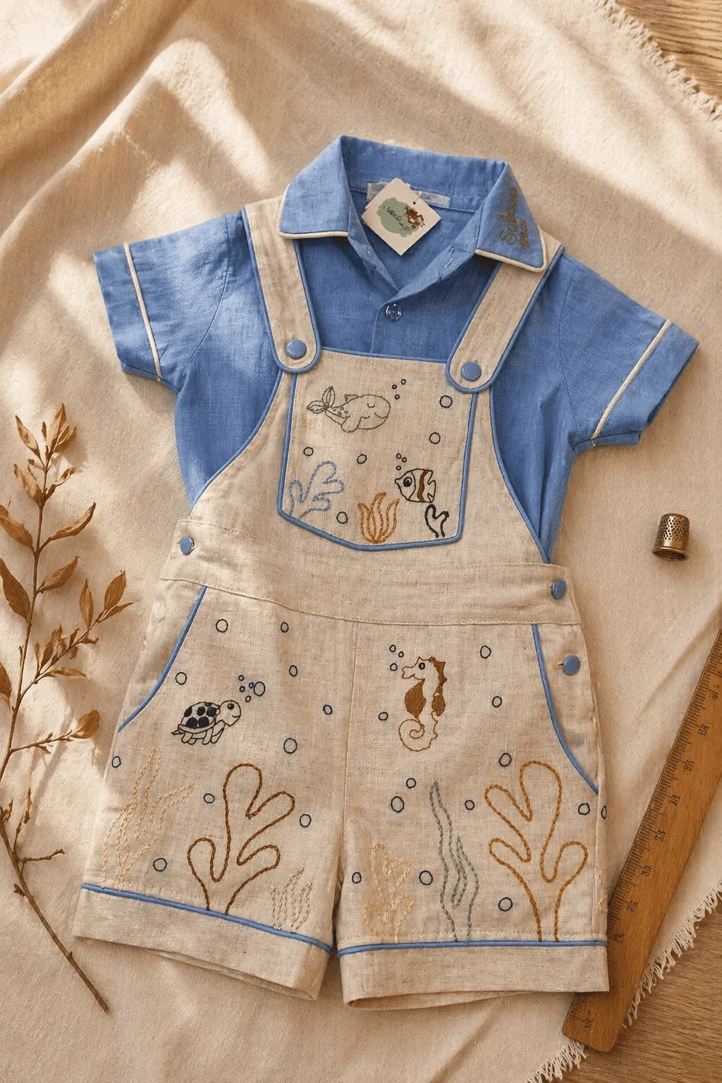 Jardineira Premium em linho cru bege com camisa azul claro coordenada — bordados 'Fundo do Mar' em azul e caramelo (polvo, peixes, estrelas, corais, tartaruga) · flat-lay editorial com folha seca, etiqueta craft Costuragi · feito à mão e dedal · fundo linho natural