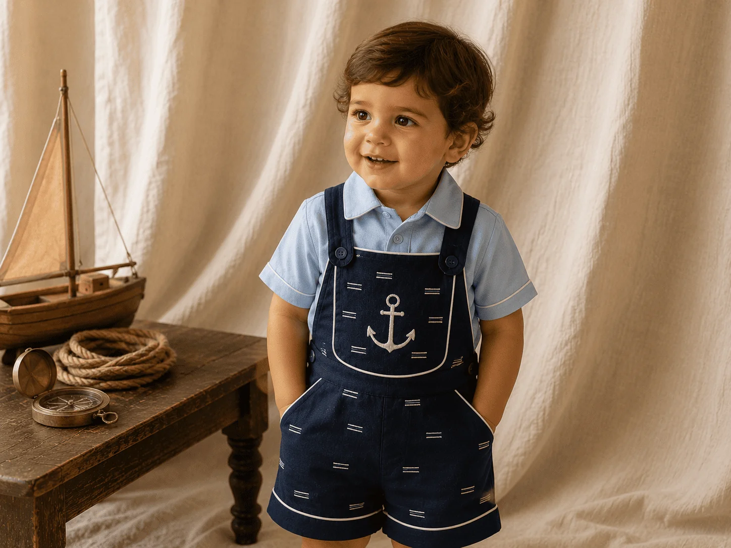 Tema Marinheiro · Camisa azul céu cetim + Jardineira navy linho com vivo branco · âncora bordada no bib · botões cobertos navy