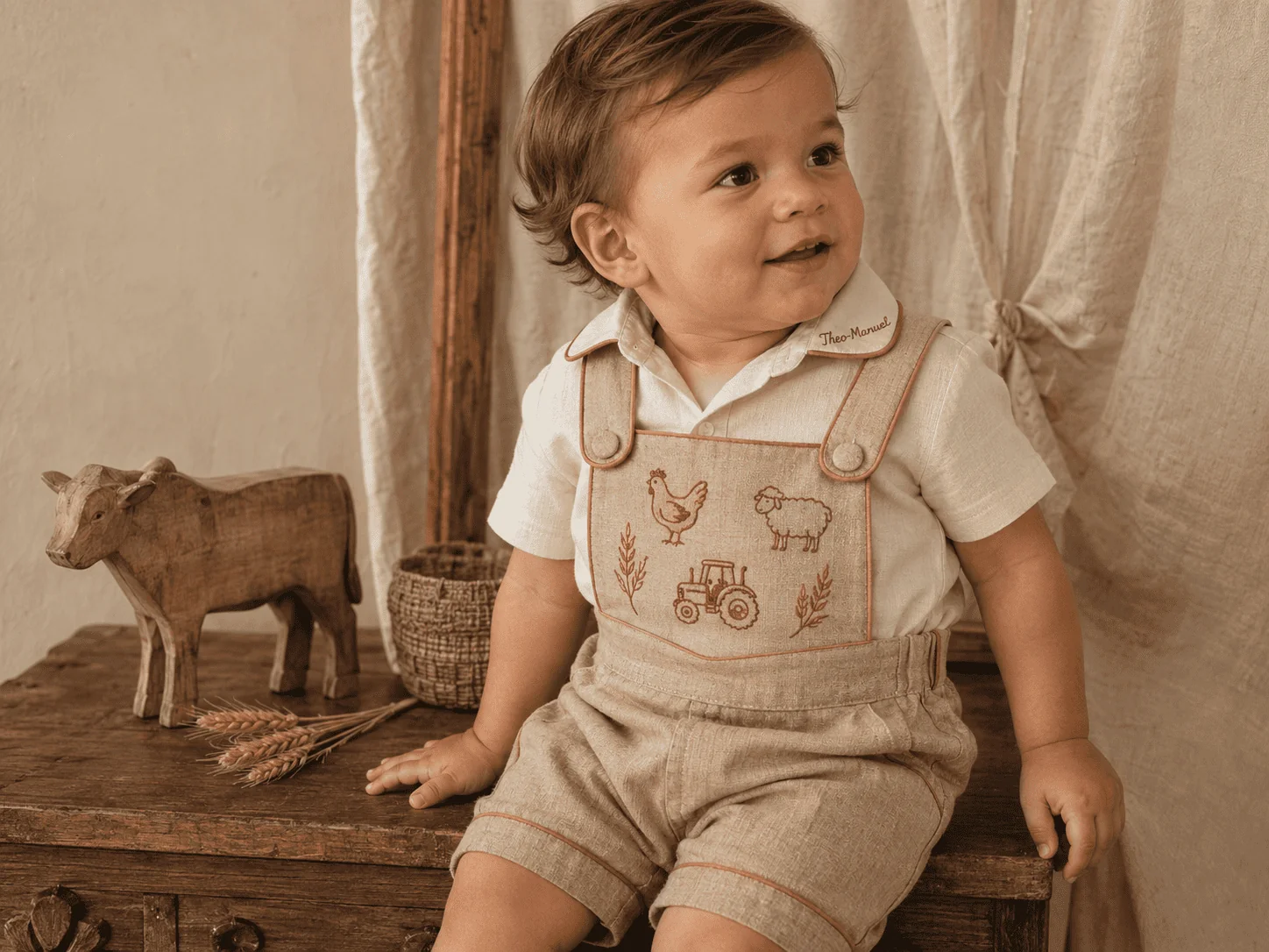 Tema Fazendinha · Camisa cream linho + Jardineira cáqui beige com vivo cobre · galinha, ovelha e trator bordados · botões cobertos cáqui