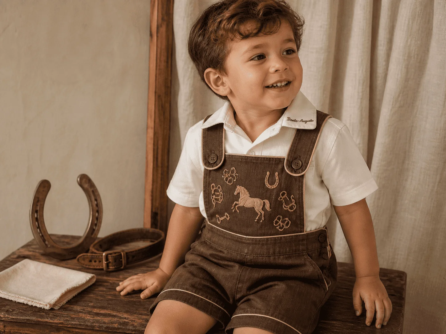 Tema Cavalheiro · Camisa marfim cetim + Jardineira chocolate linho com vivo cáqui sand · cavalo + ferradura bordados · botões cobertos chocolate
