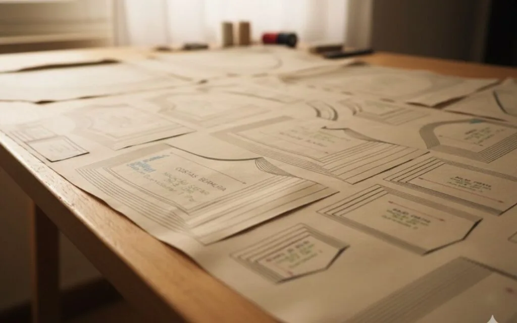 Moldes da Jardineira Premium impressos e distribuídos sobre mesa de madeira clara