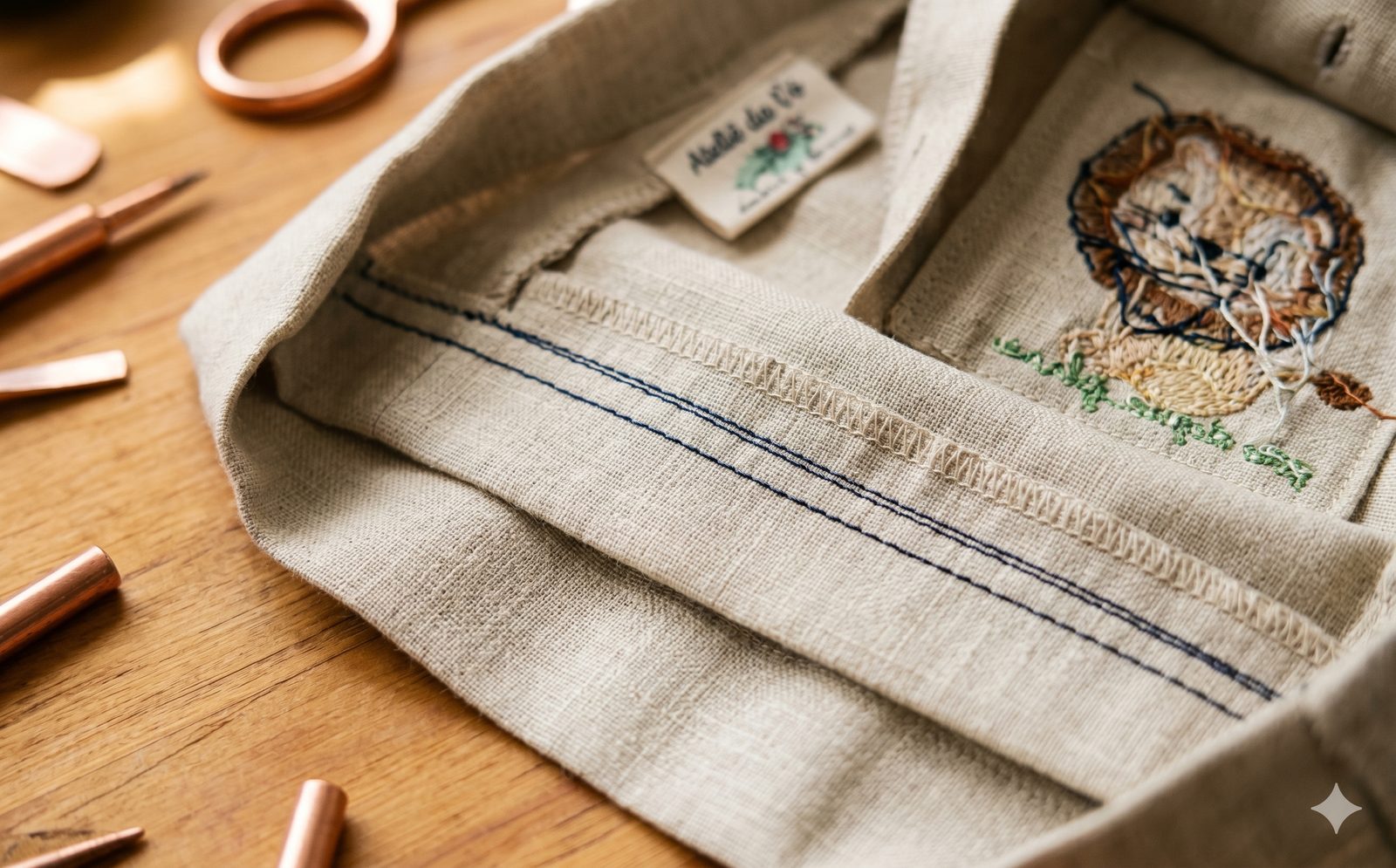 Detalhe macro do avesso da Jardineira Premium em linho natural mostrando acabamento impecável — viés coordenado acabando as bainhas internas, pesponto duplo em linha contrastante, zero fio solto